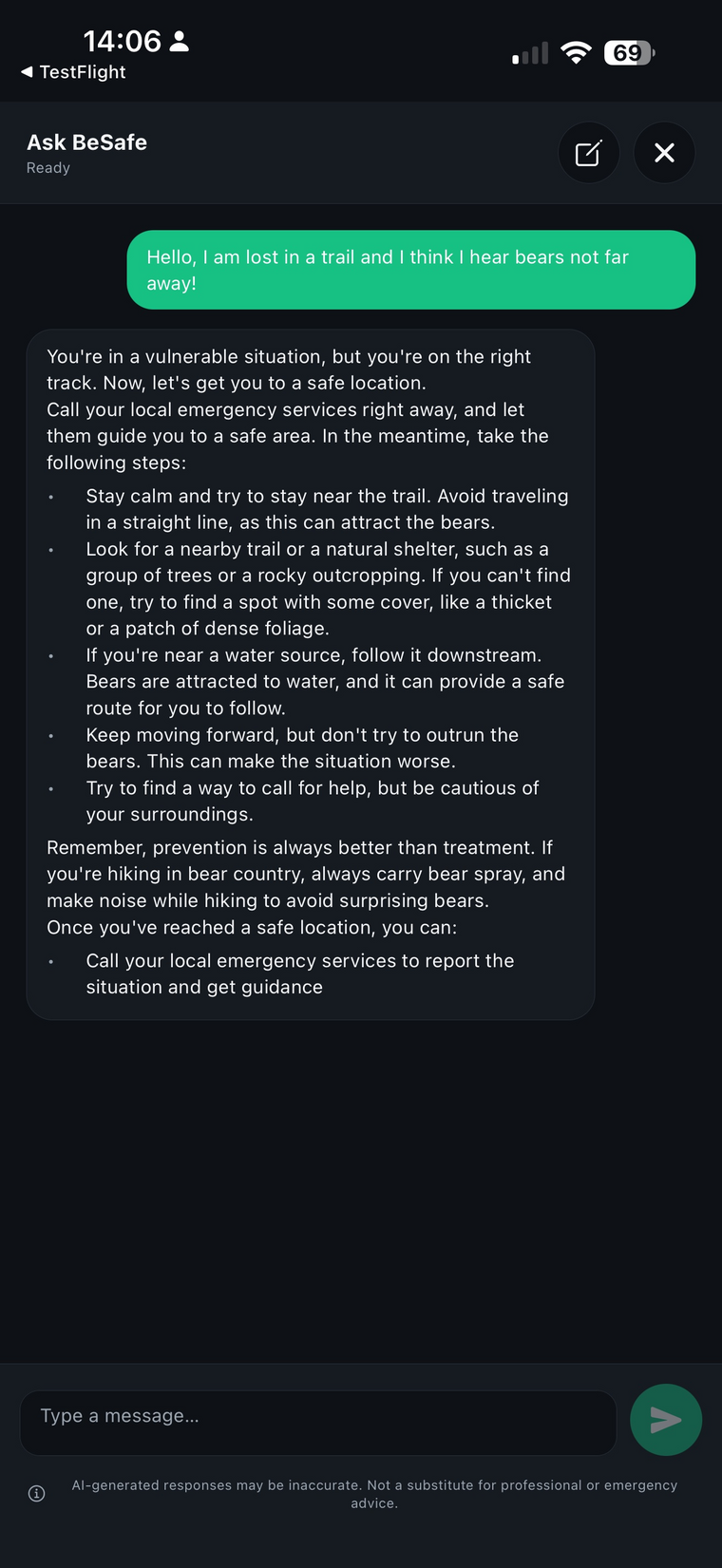 BeSafeSOS on-device AI helper — asking an emergency question and getting a grounded, step-by-step answer that works with no signal