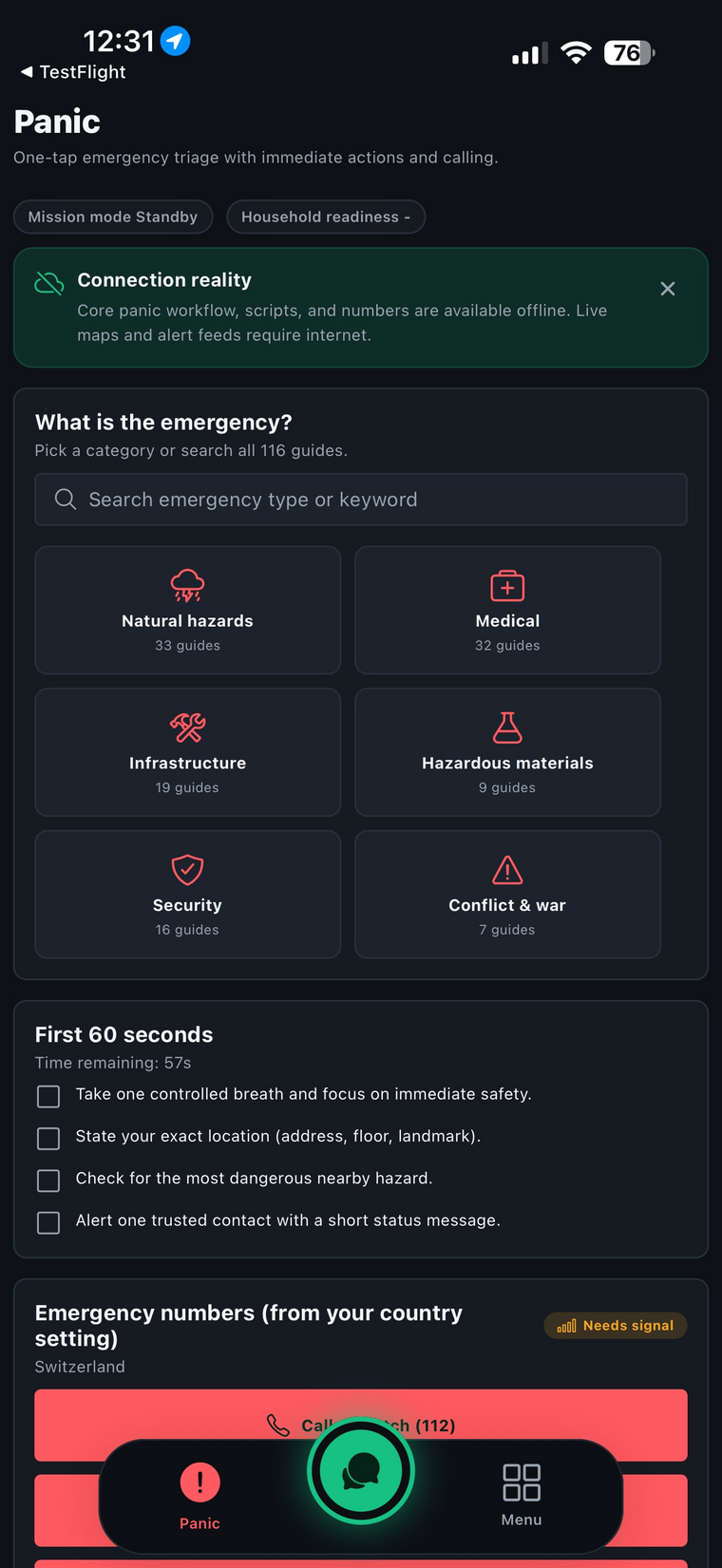 BeSafeSOS emergency mode — one-tap panic, offline-vs-signal notice, and the bottom navigation