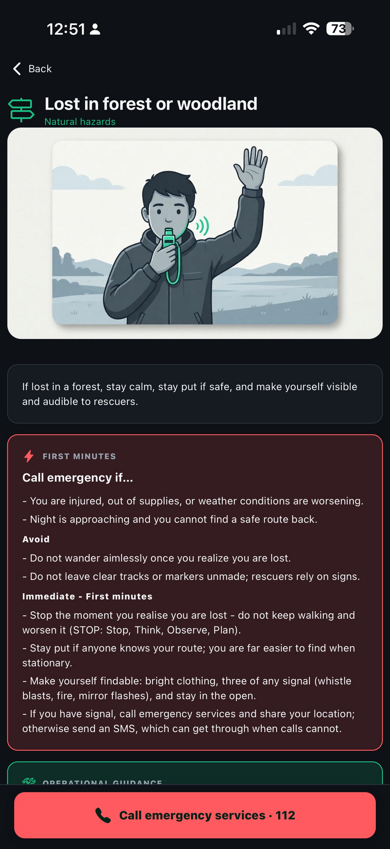 BeSafeSOS guide screen for being lost in forest or woodland — wilderness illustration, when to call emergency services, and a persistent call button