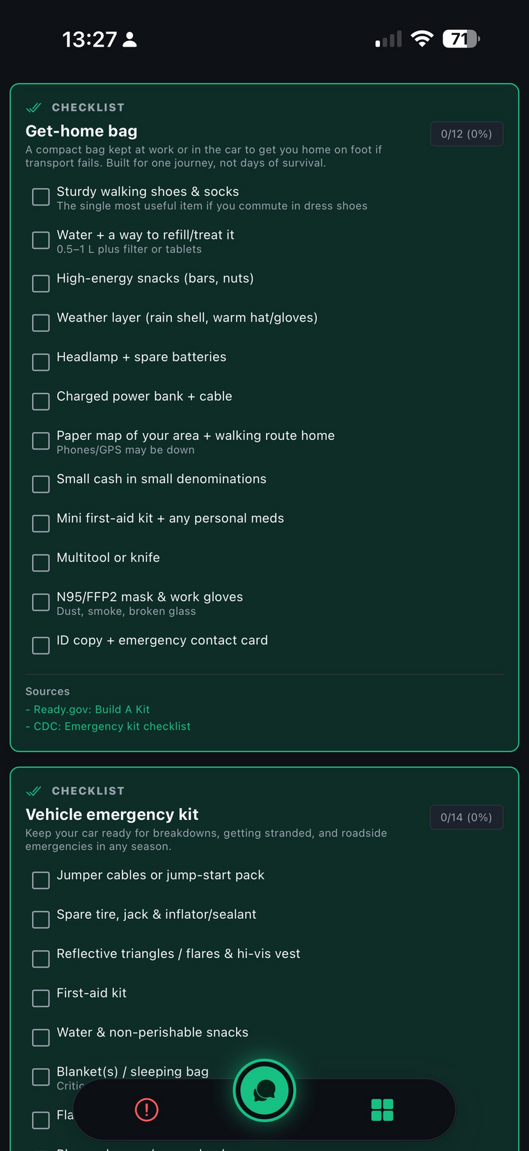 BeSafeSOS skill: prepare a 72-hour go-bag, showing the bug-out-bag contents