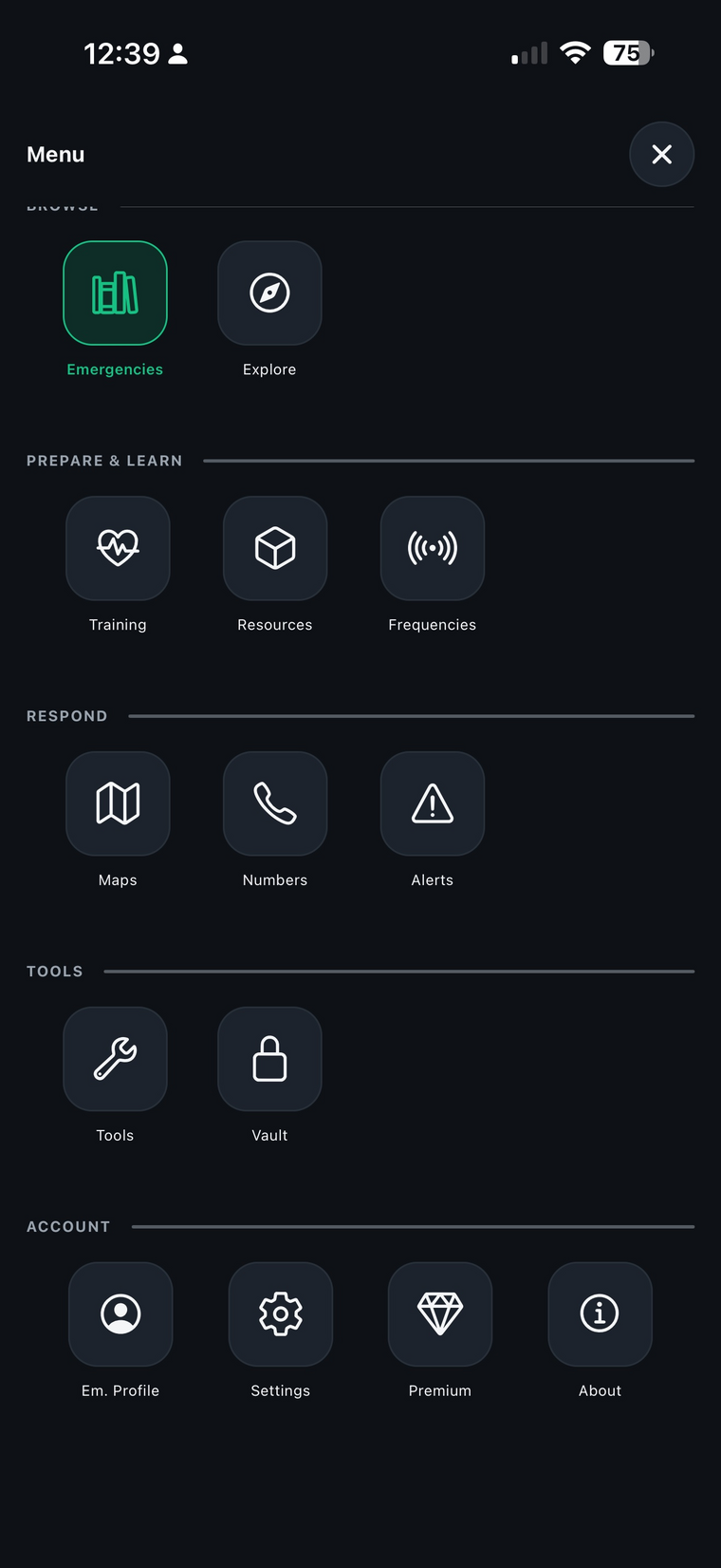 BeSafeSOS tools screen — emergency numbers, offline maps, radio frequencies, flashlight SOS, document vault and alerts